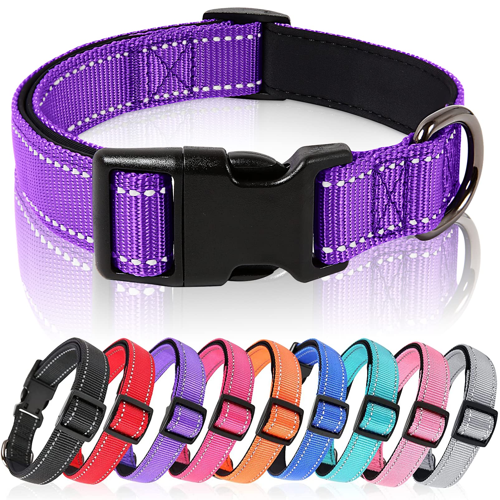 HEELE Dog Collar, Reflective Dog Collar, Soft Neoprene Padded Breathable Nylon Pet Collar Adjustable for Medium Large Dogs, Purple, L(40-66cm)