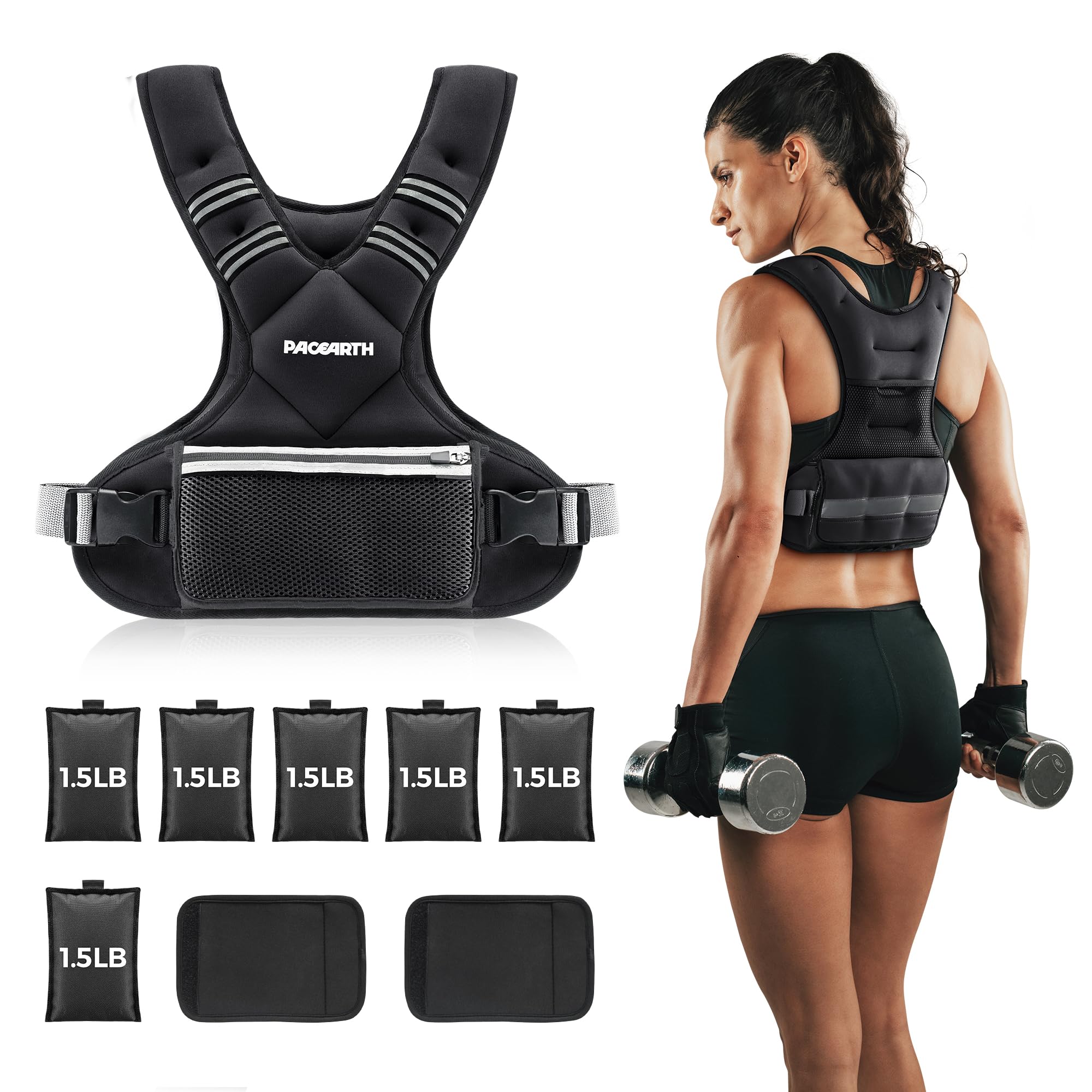 Photo 1 of Adjustable Weighted Vest PACEARTH Ironsand Weight Vest with Six 1.5-lb Adjustable Weights, 11-20 lbs Total, Big Zipper Pouch, Home Workout Weight Vest for Men and Women in Cardio and Strength Training