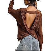RoseSeek Women's Lace Open Back Sweaters Long Sleeve Crew Neck Cut Out Jumper Cowgirls Knit Pullover