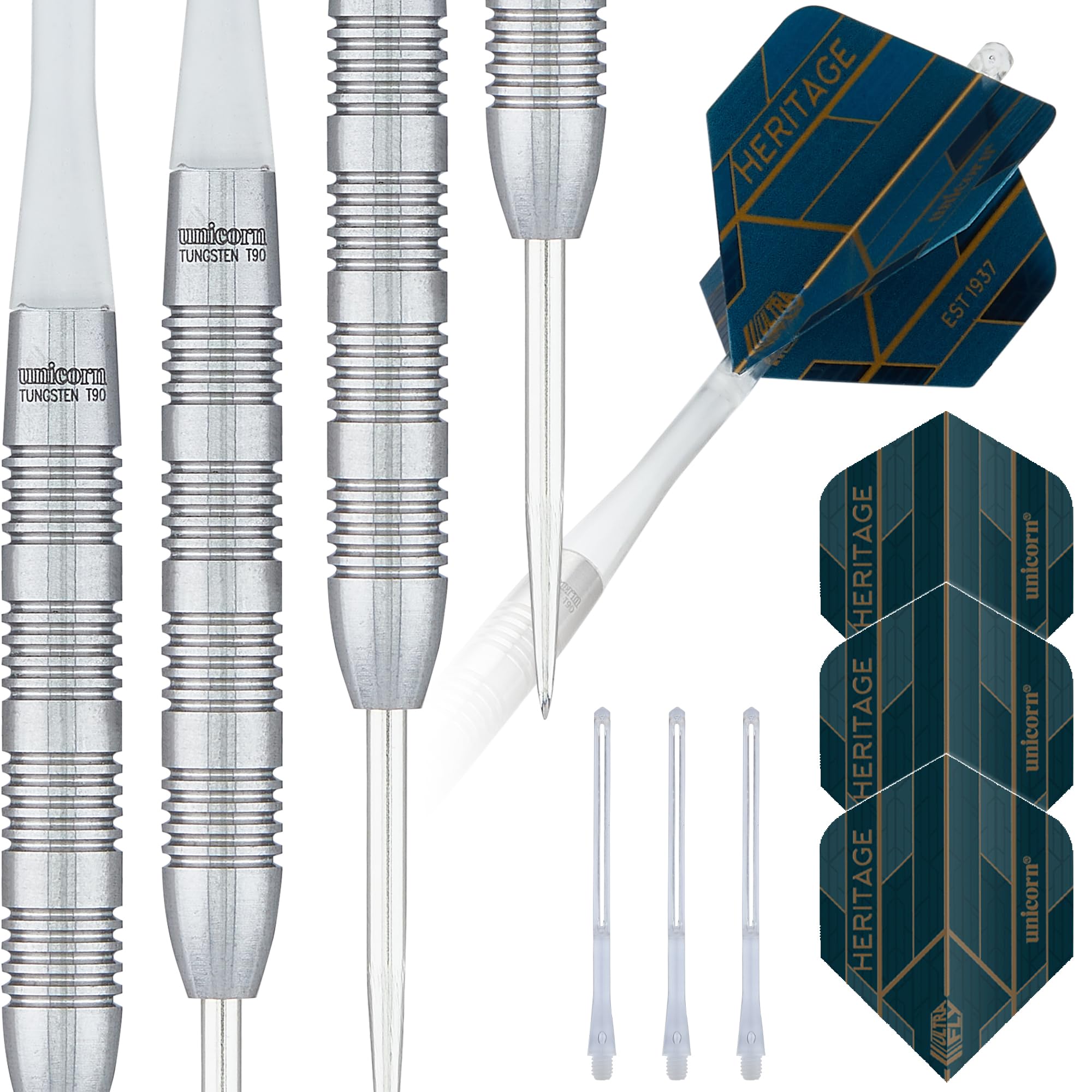 Unicorn Steel Tip Professional Darts Set | Heritage Range T90 1976 | 90% Natural Tungsten Barrels with Laser Etched U Logo Hallmark | 25 g