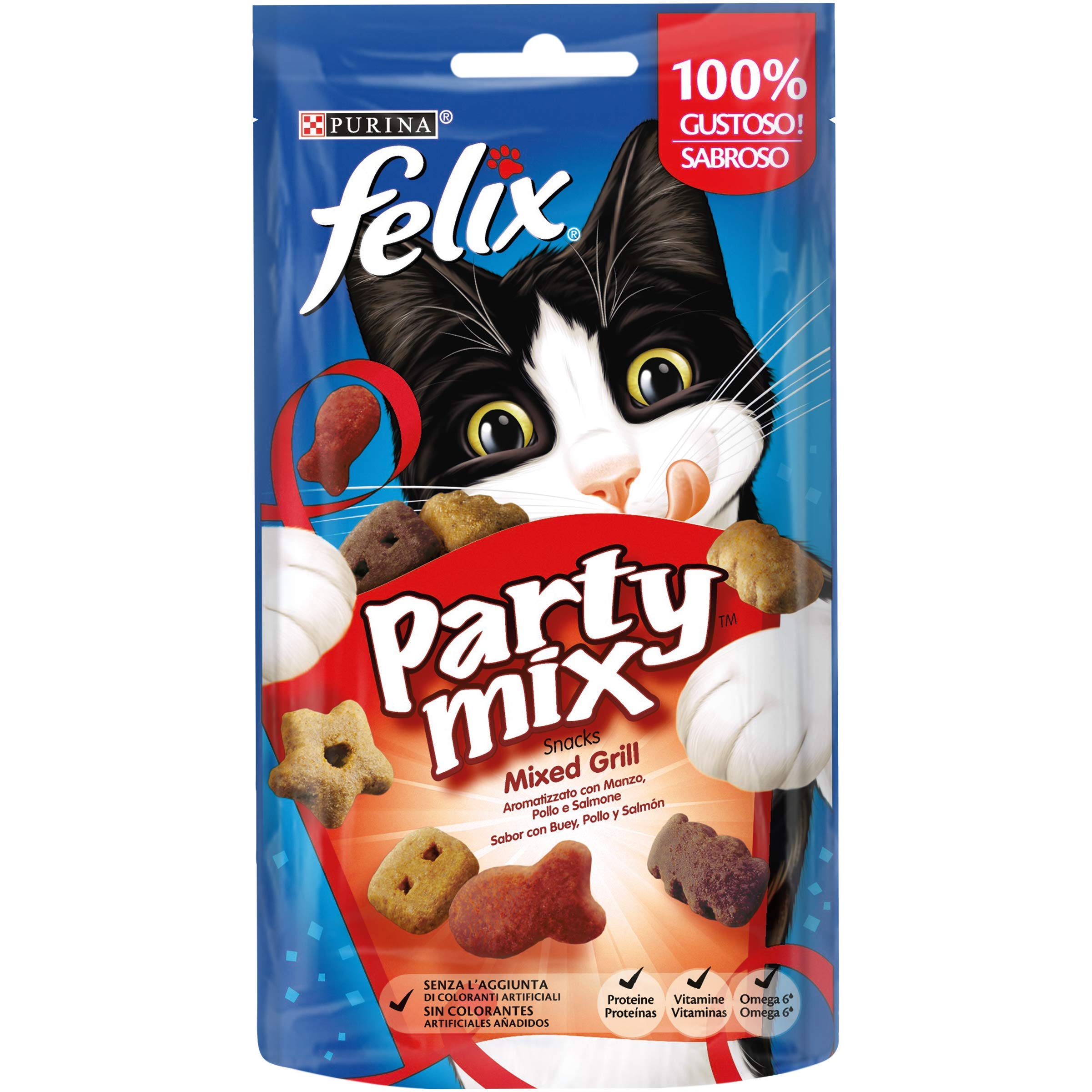 Purina Felix Party Mix Snack Cat Mixed Grill with Beef, Chicken and Salmon, 8 Packs of 60 g