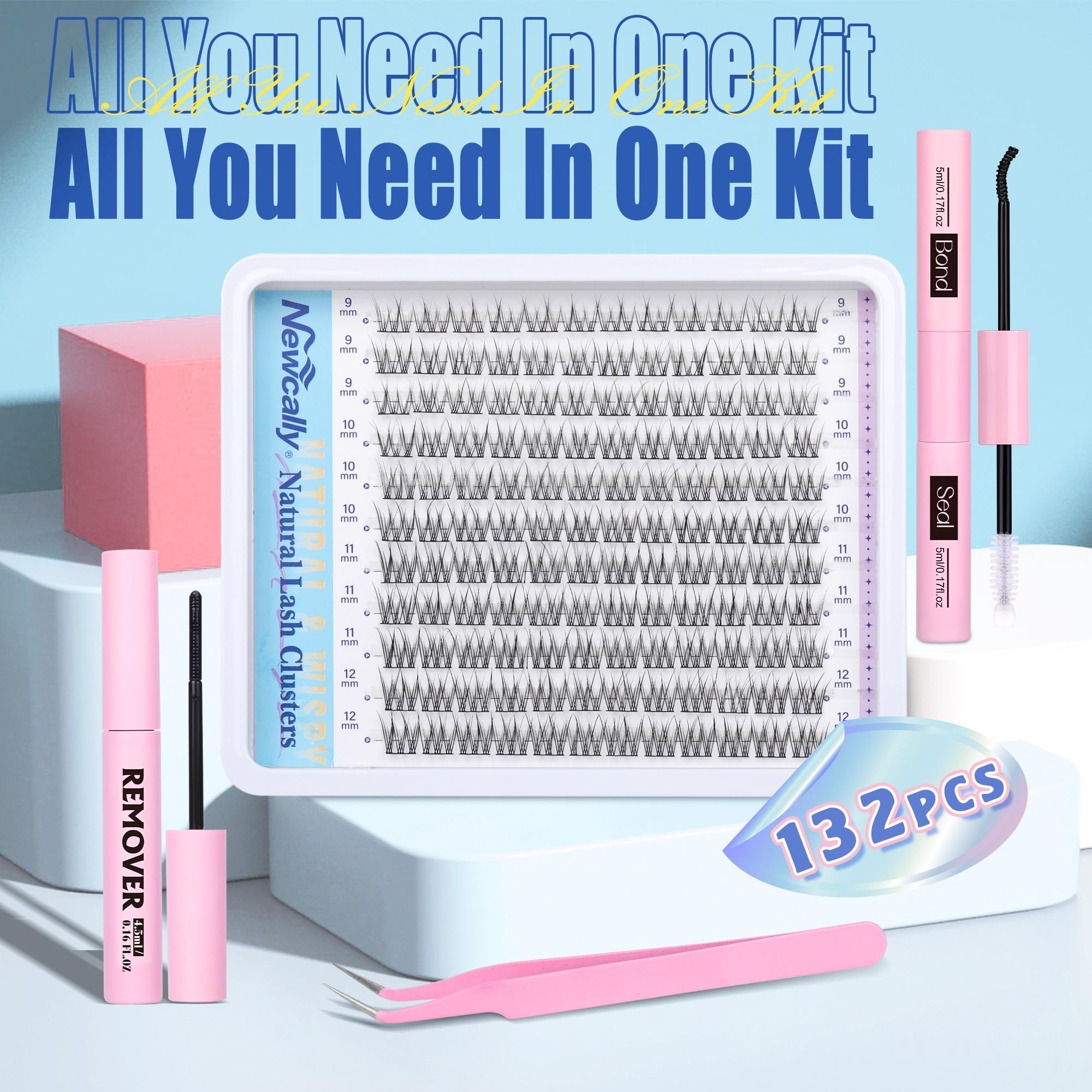 Natural Lash Clusters Kit DIY Lash Extension Kit Wispy Eyelash Extension Kit C-curly Individual Lashes Kit 9-12MM Short Eyelash Clusters with Lash Remover by Newcally