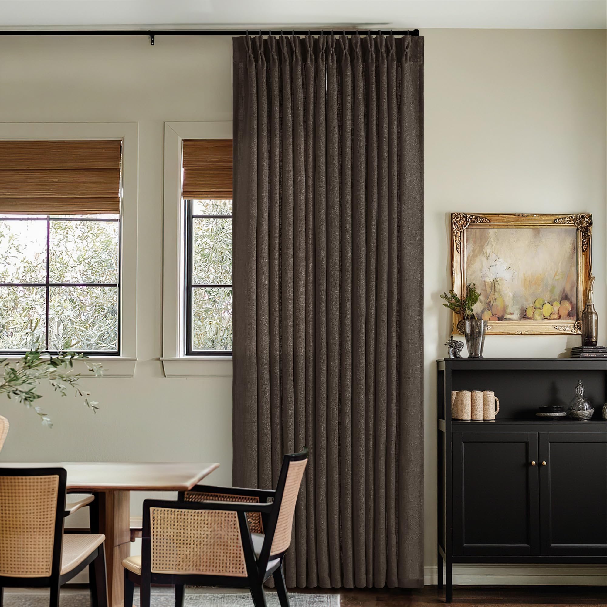 Photo 1 of Dark Chocolate Pinch Pleated Linen Curtains 2 Panels for Living Room Bedroom Memory Training Shaped Semi Sheer Pleat Drapes with Hooks Rings Light Filtering Window Curtain 40x102