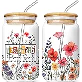 FIVITY Teacher Gifts for Women 16 Oz Glass Coffee Cup with Bamboo Lid and Straw Thank you Christmas Retirement End of Year Back to School Teacher Appreciation Gift for Teachers from Student Friends