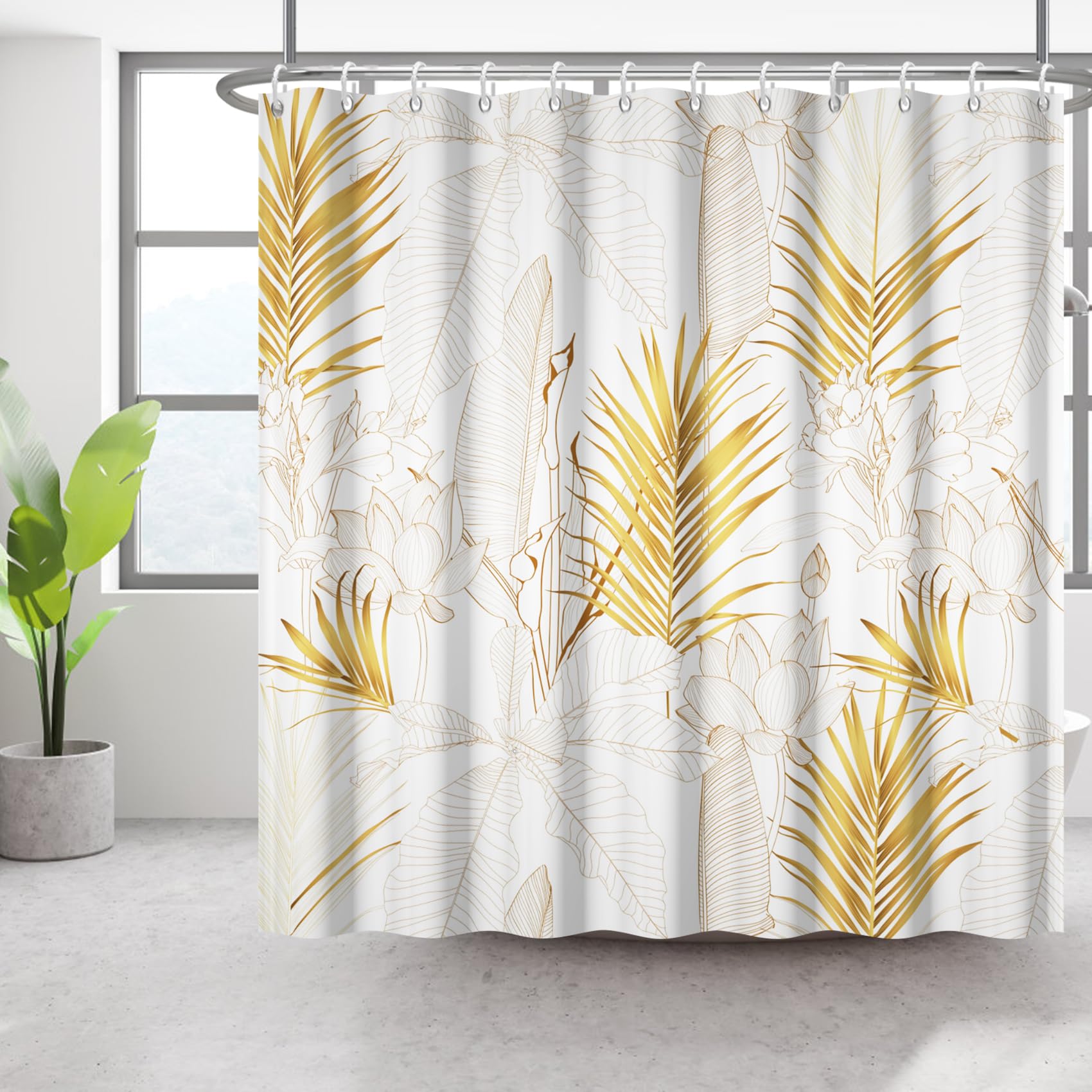 Bovlleetd 72x84inch Gold Plant Shower Curtain Lotus Palm Leaf Bathroom Curtain Simple Banana Leaf Shower Curtains Waterproof Bathtub Curtain Art Bathroom Decorative Curtain with Hook — image 1
