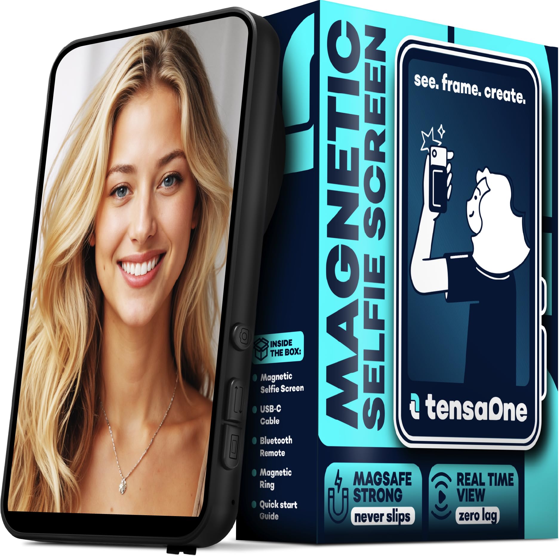 TensaOne Selfie Monitor Screen for iPhone & Android – Magnetic Wireless Vlog Screens for Back Camera, 4K Mirroring External Monitors, Content Creator Cell Phone Accessories with Bluetooth Remote
