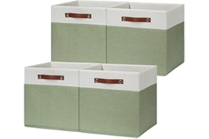 HNZIGE Fabric Cube Storage Bins 13x13 Set of 4 Canvas Storage Baskets for Shelves Collapsible Storage Bins for Organizing Clothes Closet Toy Nursery Cubby(Green&White)