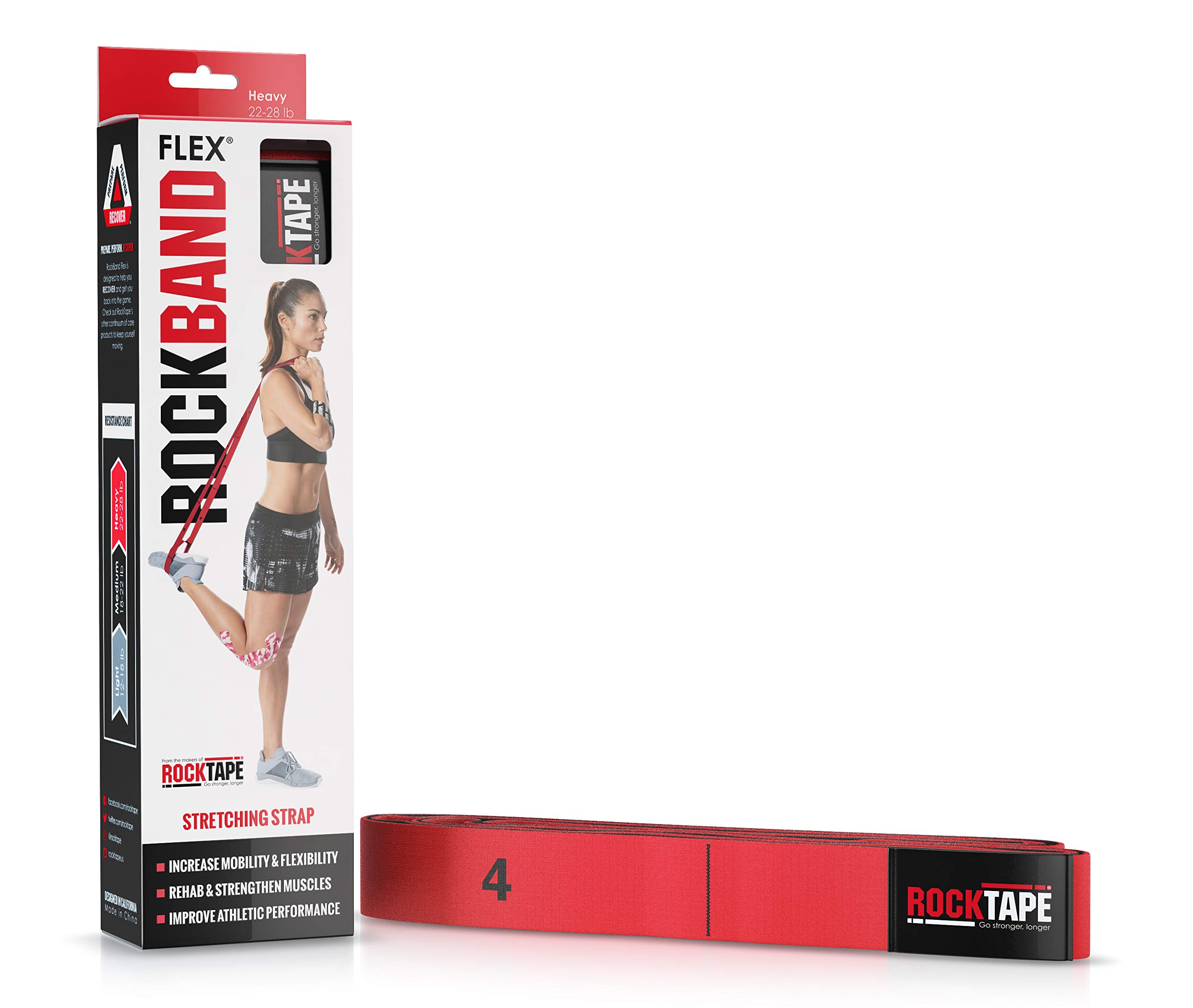 RockTape RockBand Flex Ultra-Durable Resistance Band with Handles & Loops - Heavy (22-28lb) Exercise Band for Strength Training, Stretching, Fitness - Pull-up Assistance Band for Men & Women - Red
