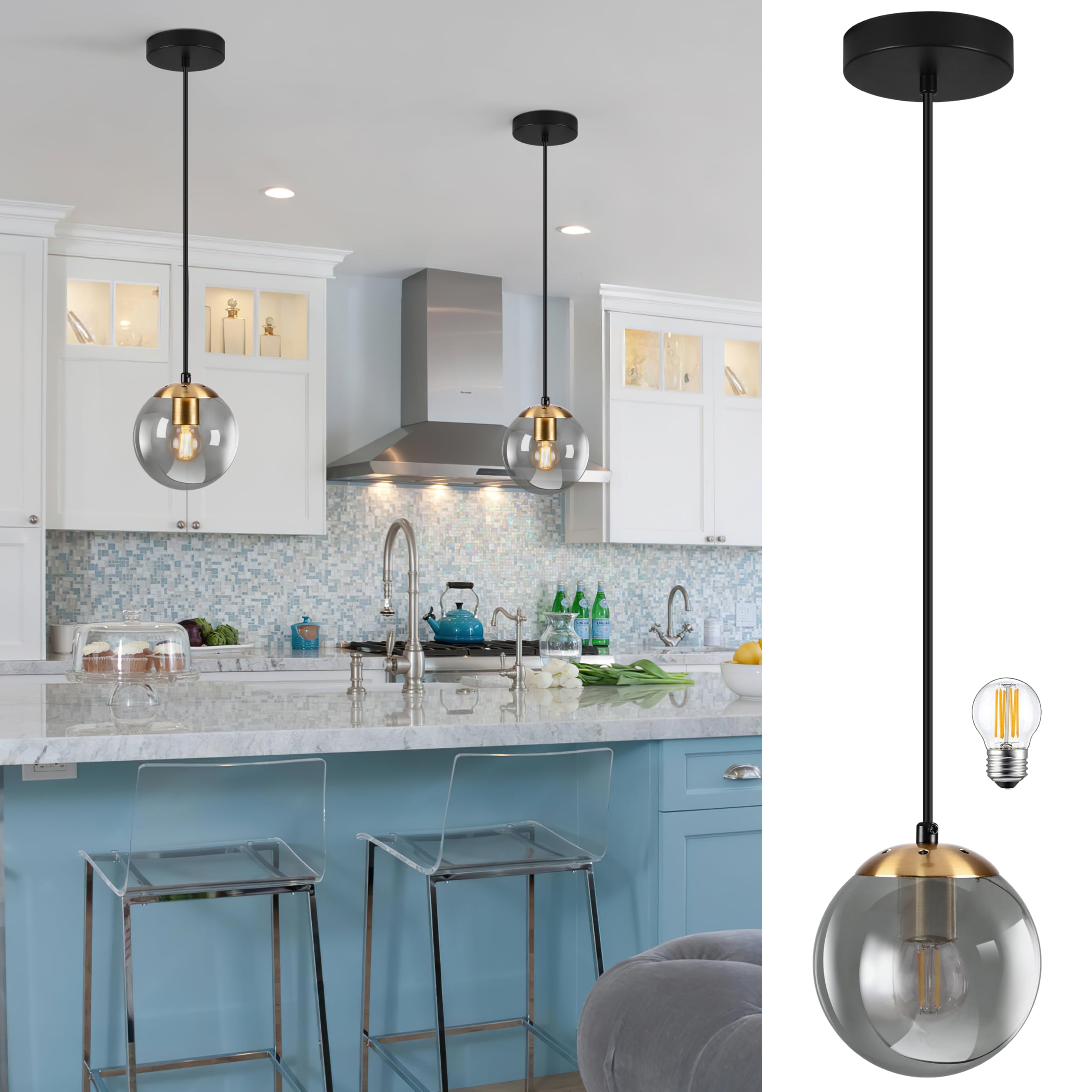 Photo 1 of KoKo&Yukina 6 Inch Globe Pendant Light Gold Globe Pendant Lights Kitchen Island Mid Century Light Fixture with Grey Glass Shade for Dining Room