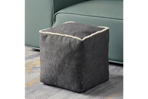 Louis Donné Geometric Unstuffed Pouf Cover Cotton Poufs with White Piping Contact Stiching Footstool Rest Soft Handwoven 17x17in Bean Bag Chair for Room Seating Home Decor ONLY Cover(Dark Grey)