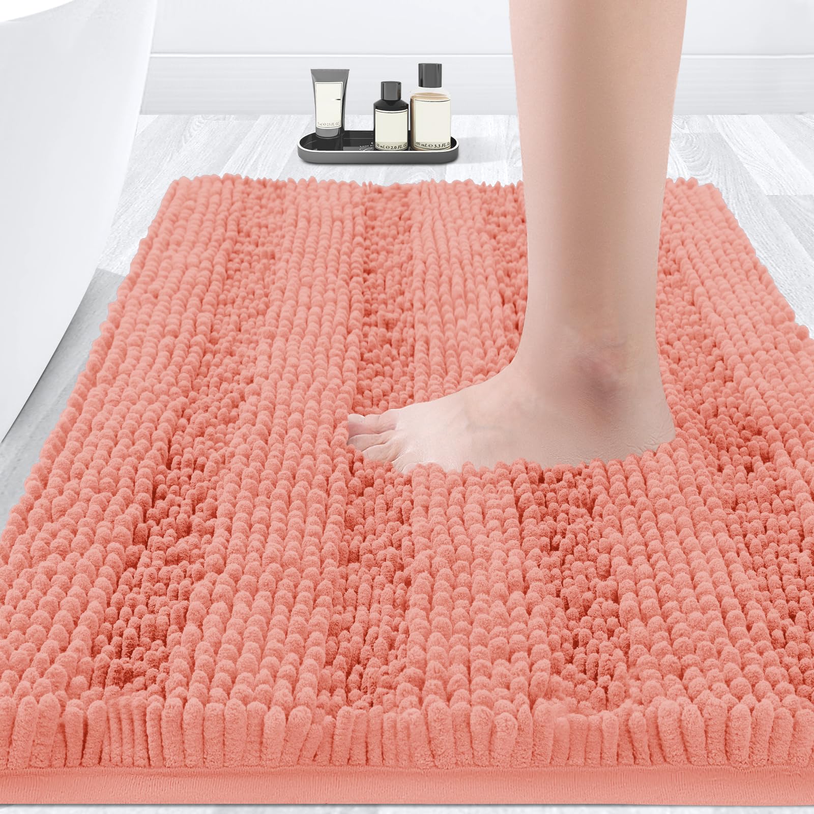 Photo 1 of ACCUMTEK Striped Coral Bathroom Rug Mat 24"x17" Ultra Soft, Non Slip Chenille Bath Rugs, Absorbent Plush Shaggy Bath Mats for Bathroom, Bedroom, Kitchen, Shower, Tub