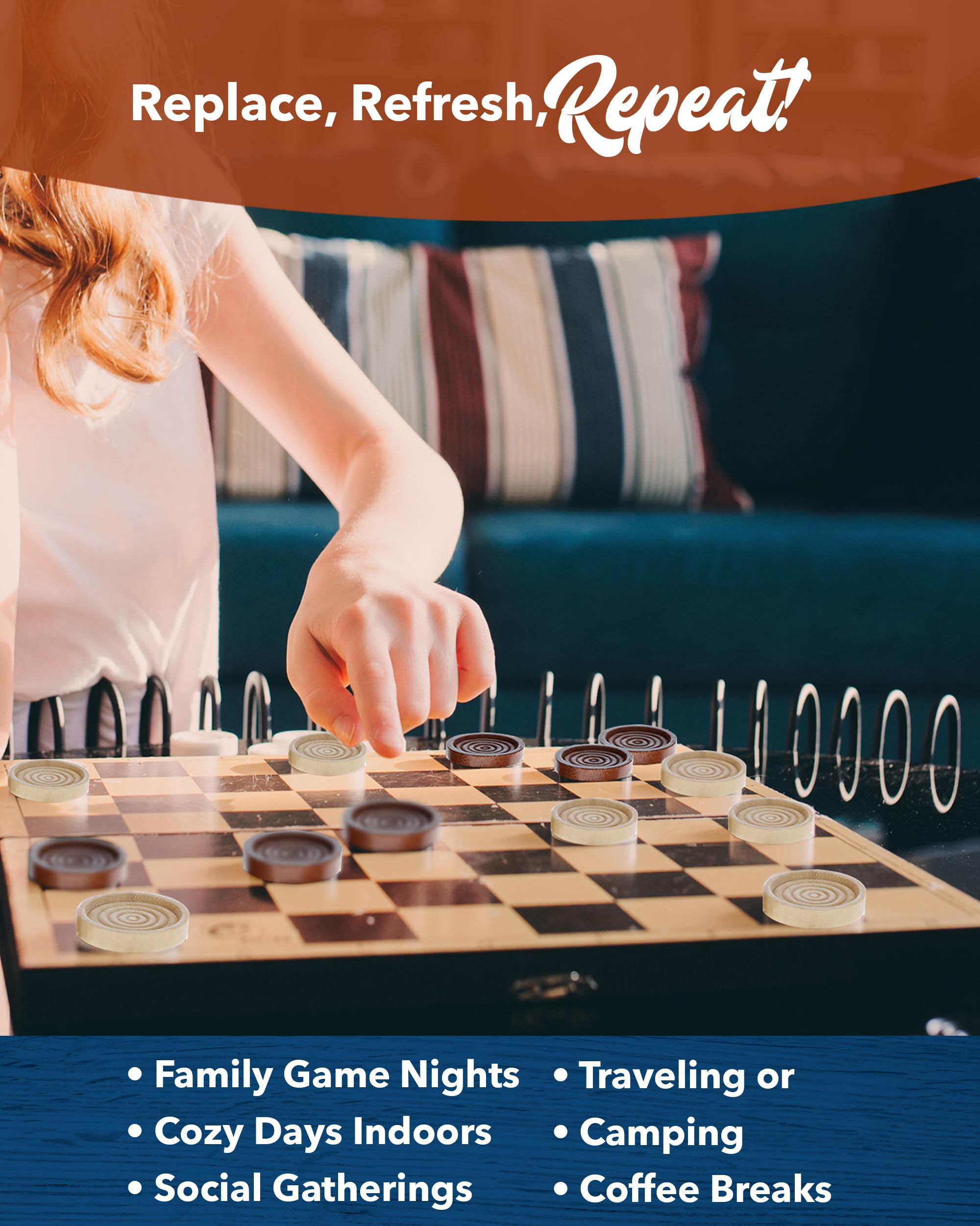 WE Games Wooden Checkers Pieces Only (1.06 inch), Checker Board Game & Backgammon Pieces, 24 Brown and Natural Stained Stackable Ridges with a Drawstring Storage Bag, Replacement Game Piece