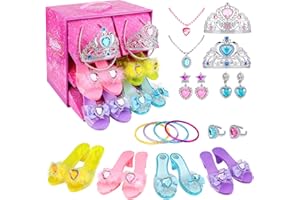 Teuevayl Girls Princess Dress Up Shoes and Jewelry Boutique, Princess Role Play Shoes Collection Set with 4 Pairs of Shoes & Princess Jewelry Accessories for Little Girl Aged 3,4,5,6 Years Old