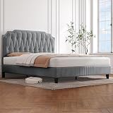 Yaheetech 5ft King Bed Frame Upholstered Platform Bed with Headboard Velvet Grey view 3