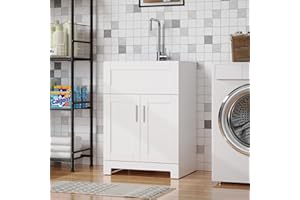 Goodyo Utility Sink with Cabinet 24 Inch Laundry Room Sink Cabinet 304 Stainless Steel Sink and Faucet Combo White