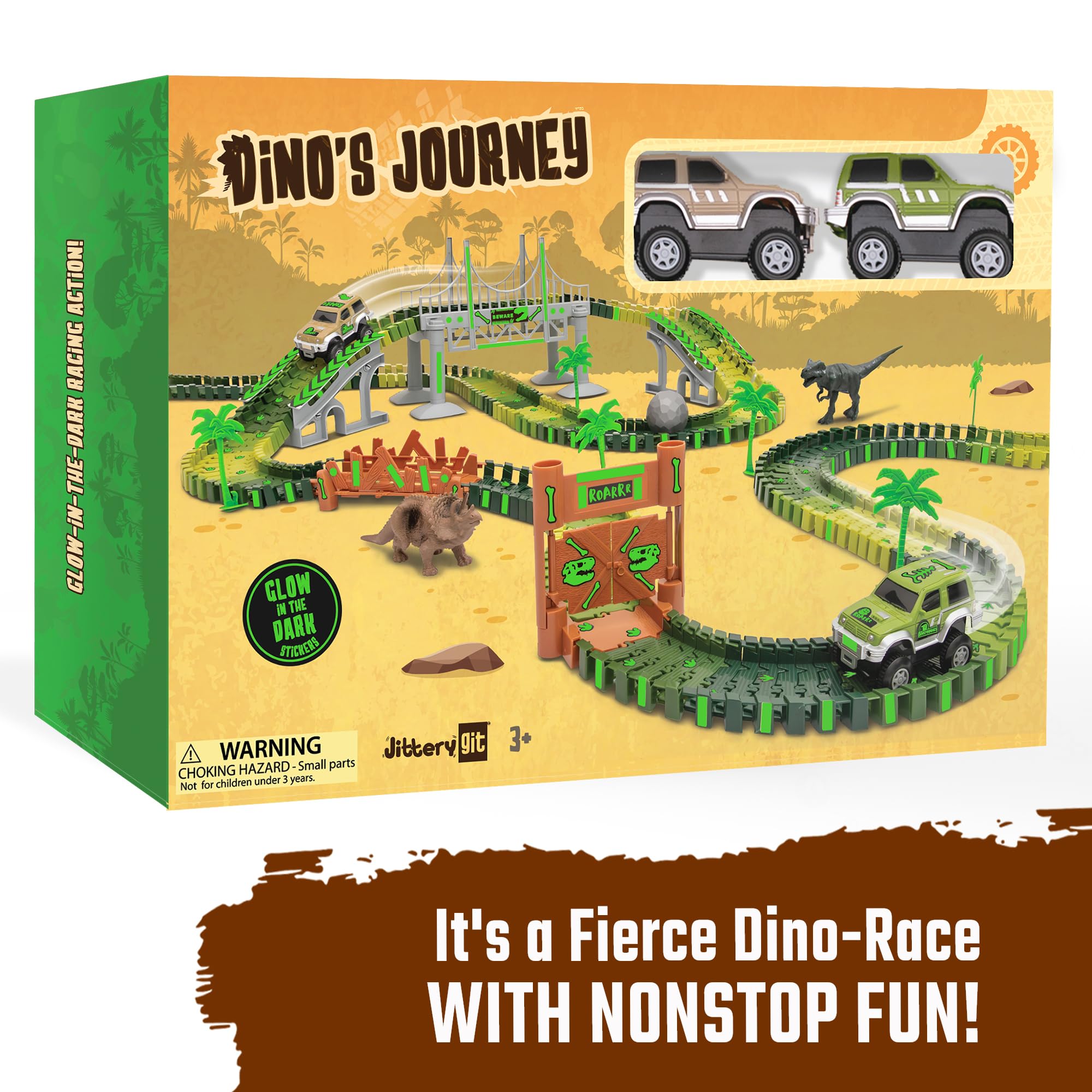 JITTERYGIT Dinosaur Jurassic Race Track Train Glow in The Dark World Toy Set, Kids Dino Racetrack Park Includes T-Rex & Triceratops Playset - Best Birthday Gift for Boys & Girls 3 4 5 6 7 8 Year Old
