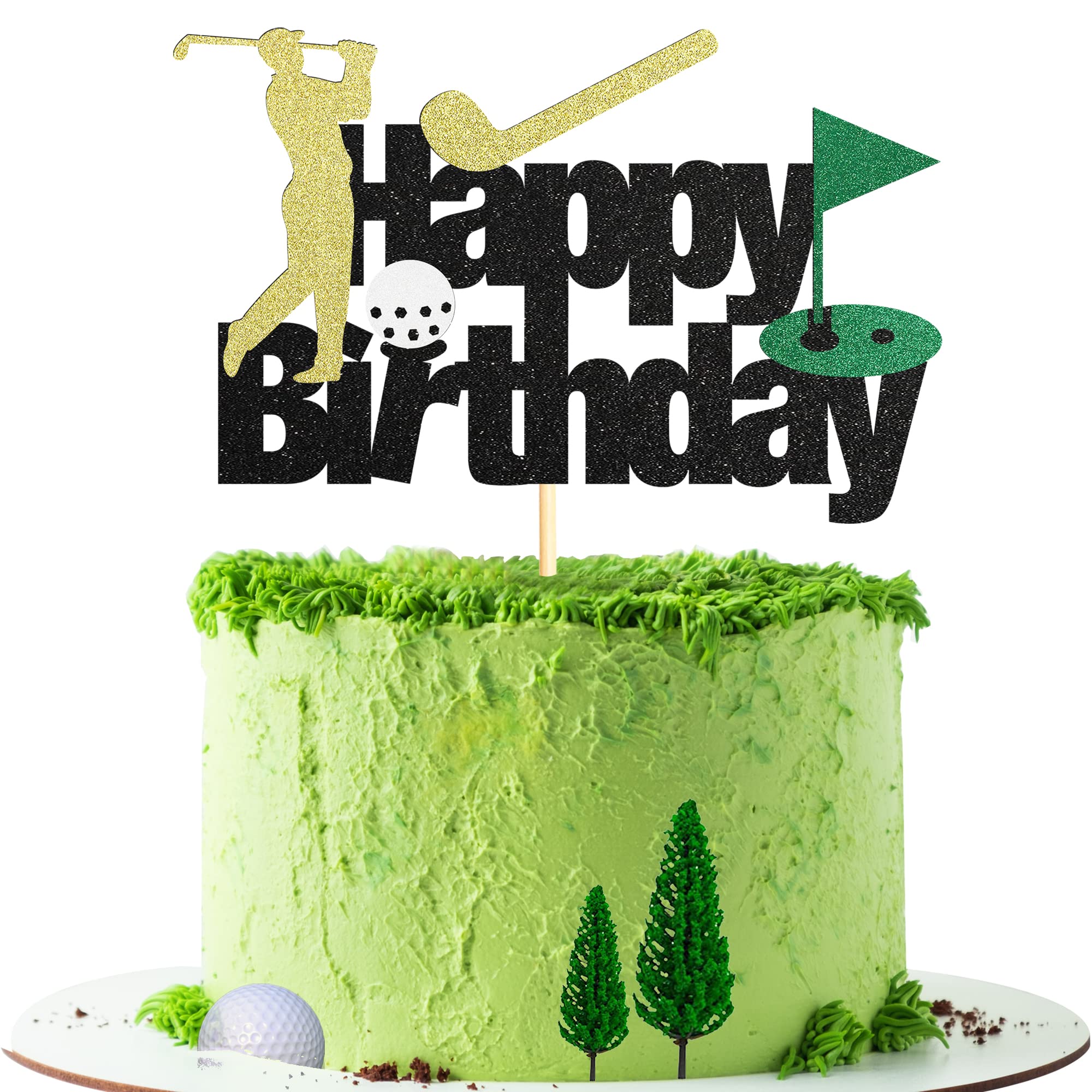 Sotpot 1PC Glitter Golf Cake Topper Happy Birthday Golf Cake Decor Golf Ball Sign Cake Topper for Sport Theme Man Boy Birthday Party Anniversary Decoration