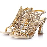 Unicrystal Women's Rhinestone Peacock Patterned Handmade Sandals with Chunky Heel