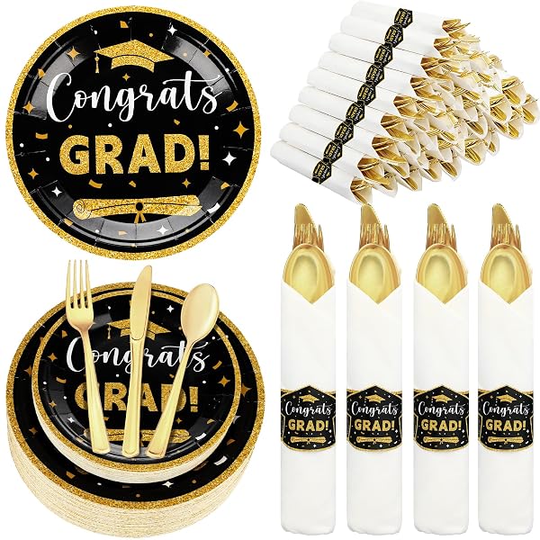 MEANPLAN 50 SETS 2026 GRADUATION PARTY SUPPLIES TABLEWARE SET GOLD PRE ROLLED SILVERWARE FOR 50 GUESTS CLASS OF 2026 DISPOSABLE DINNERWARE FOR COLLEGE HIGH SCHOOL CONGRATS GRADUATION PARTY FAVORS