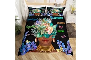 CASTLE FAIRY Girl African Duvet Cover Set King Size,African Style American Inspirational Quotes Bedding Set Kids Girls Women Room Decor Watercolor Flowers Butterfly Comforter Cover Black Fashion Quilt Cover 3Pcs
