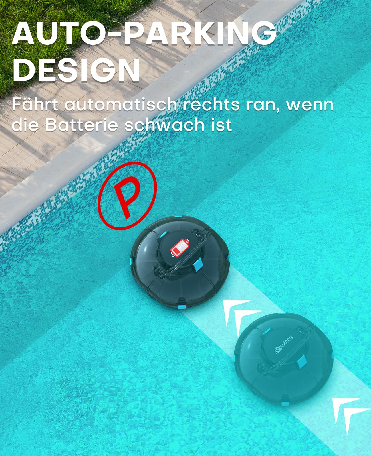 WINNY POOL CLEANER Winny 200 Poolroboter, Poolsauger kabellos mit Akku, 75 Min. Laufzeit, für Aufstellpools bis 60 m², Doppelfiltration, Automatisches Parken, Kompakt Leicht (Transparentes Schwarz) 4