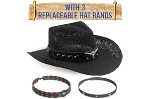 Funcredible Straw Cowboy Hat for Women - Straw Cowgirl Hat - Vintage Cowboy Hat with 3 Replaceable Hat Bands