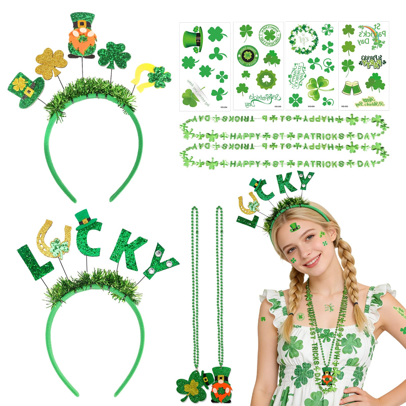 Dazzroi 10Pcs St. Patrick’s Day Accessories, Lucky Green Headbands Necklaces Tattoo Stickers, Green Shamrock St Patricks Day Fancy Dress for Leprechaun Irish Party Carnival
