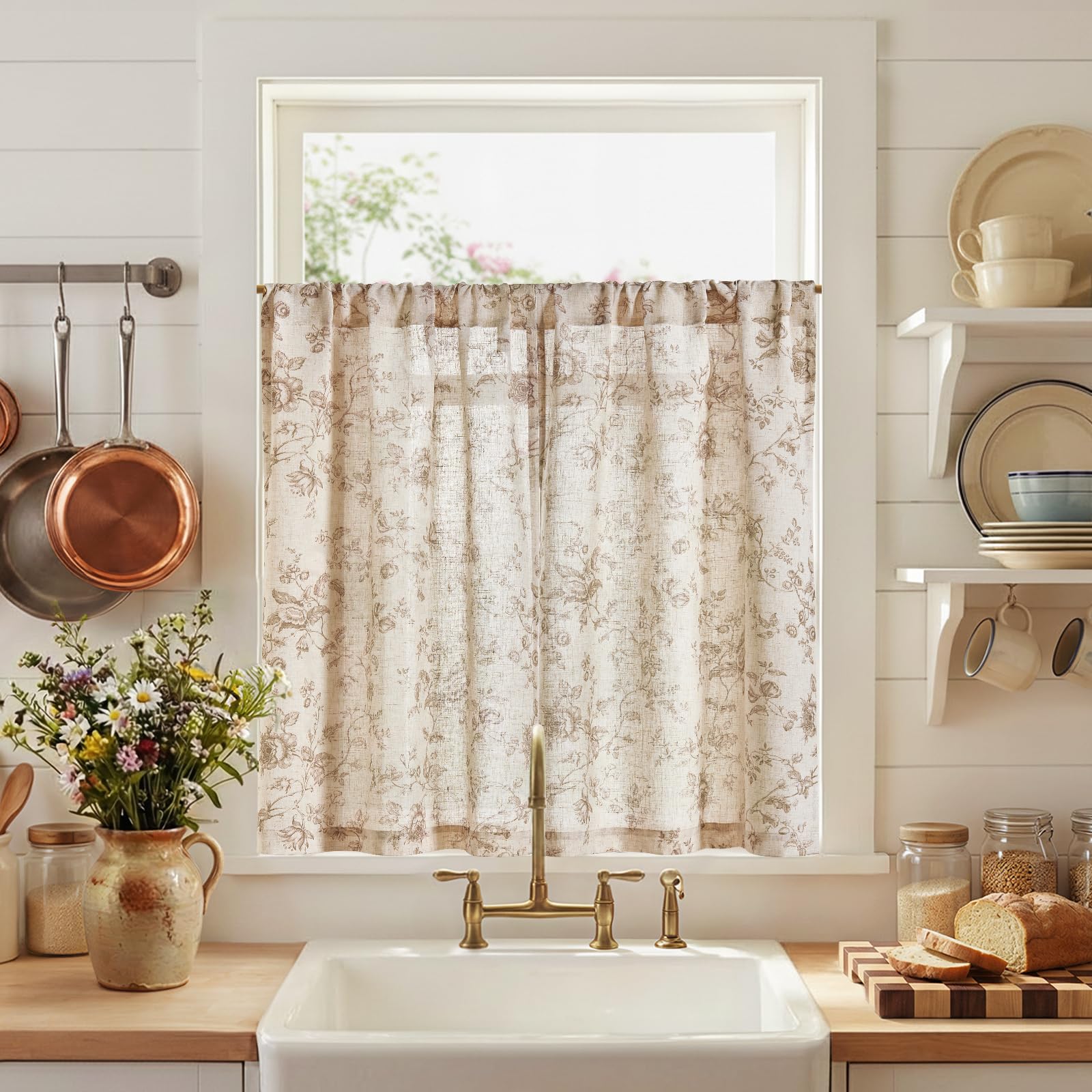 jinchan Amlie Floral Kitchen Curtains 36 Inch Length Linen Cafe Curtains Small Window Drapes Light Filtering Botanical Farmhouse for Bedroom Bathroom Rod Pocket 2 Panels Taupe on Linen