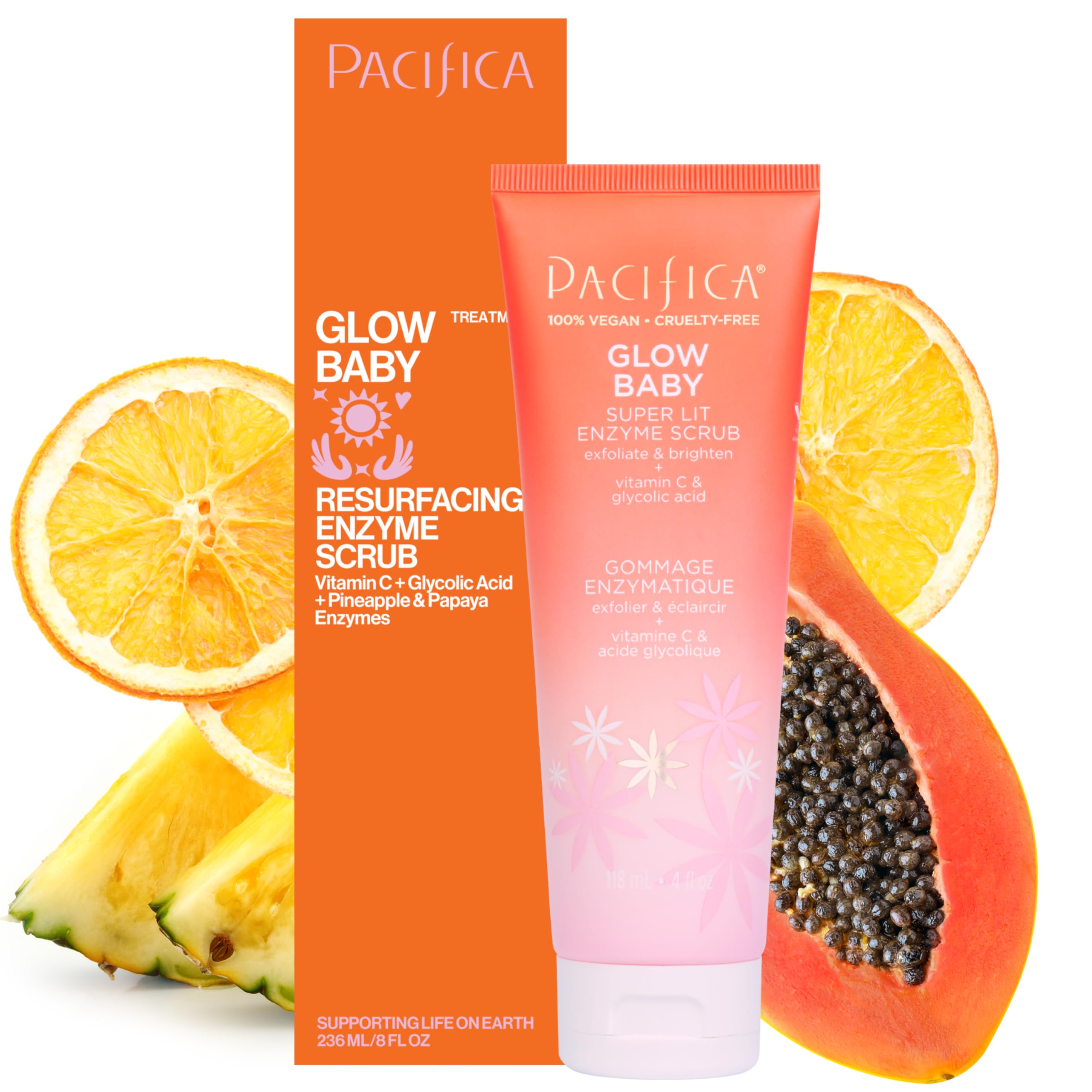 Photo 1 of Pacifica Glow Baby Exfoliating Face Scrub, Brightening Enzyme Facial Cleanser w/ Vitamin C & Glycolic Acid for Radiant Smooth Skin, Unclogs Pores & Removes Dead Skin, Microbead-Free Vegan (4 fl oz)