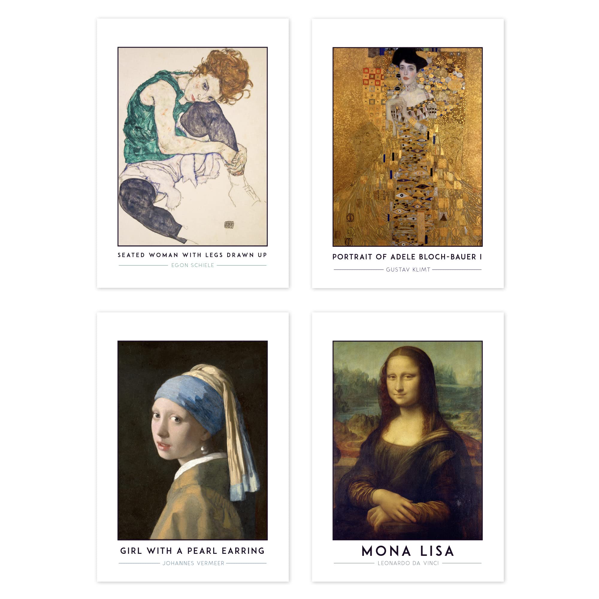 Wee Blue Coo Classic Paintings Schiele Seated Woman Klimt Adele Vermeer Girl Pearl Earring Da Vinci Mona Lisa A4 Poster Pack of 4 Wall Art