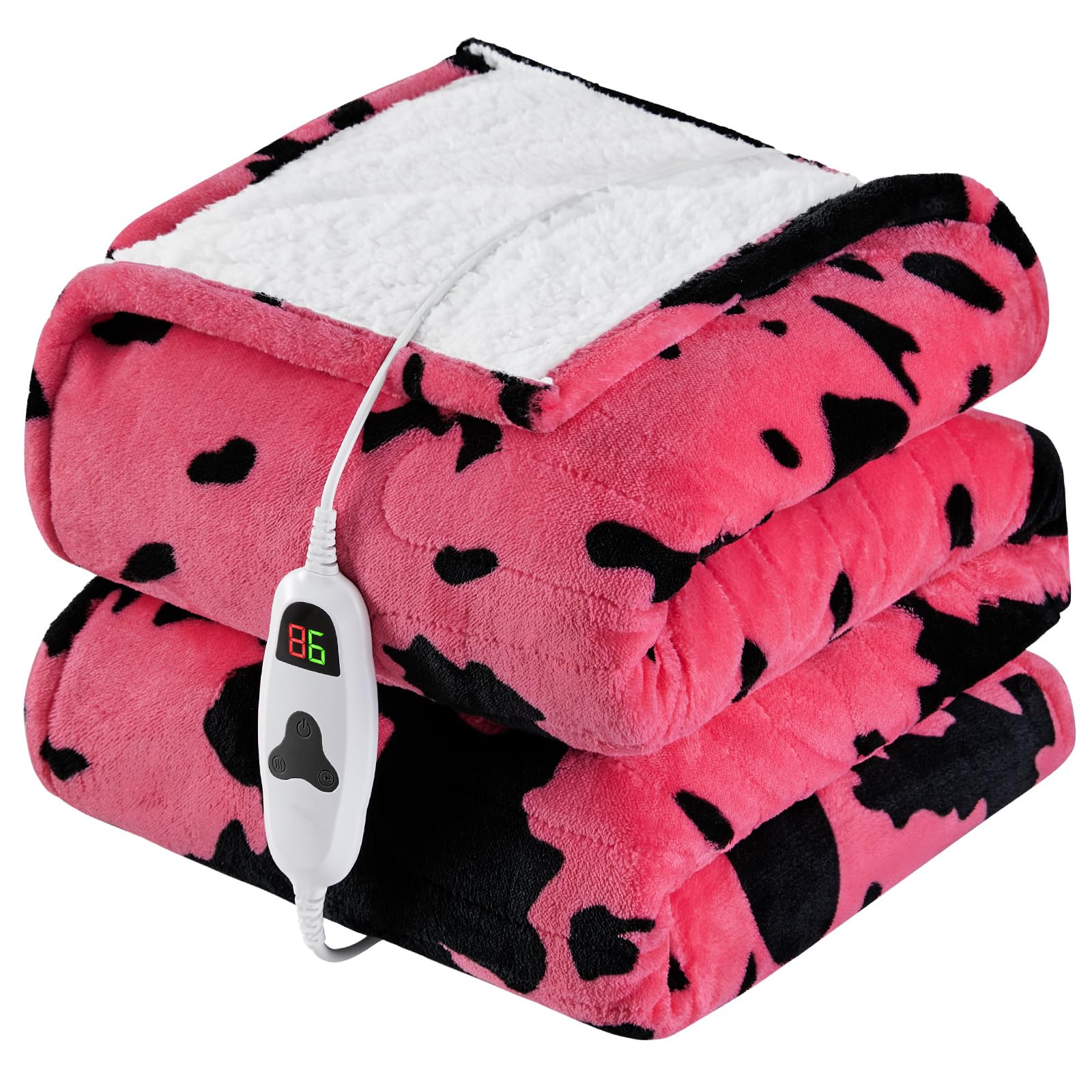 RUJIPO Cow Print Heated Electric Blanket Full Size,72X84 Pink Heating Blanket with 10 Heats Levels & 8 Hours Auto Off,Highland Cow Decor Fleece Sherpa Blankets Warmer Gifts for Women Adults,Washable Image