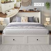 LUXOAK Queen Murphy Cabinet Bed with with Storage &amp; Charging Station | White Foldable Platform Bed, Farmhouse Wooden Hideaway Bed, Large Drawer, Noisy Free, Guest Room &amp; Home Office