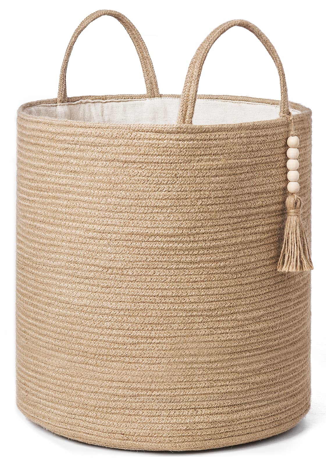 Photo 1 of Mkono Tall Wicker Laundry Basket Woven Storage Basket Decorative Natural Rope Basket Wooden Bead Decoration for Blankets,Toys,Clothes,Shoes,Plant Organizer Bin with Handles Living Room 15" Wx17.7 L