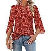 DB MOON Womens 2025 Chiffon Blouses 3/4 Sleeve Shirts Tie Neck Bell Sleeve Dressy Tops