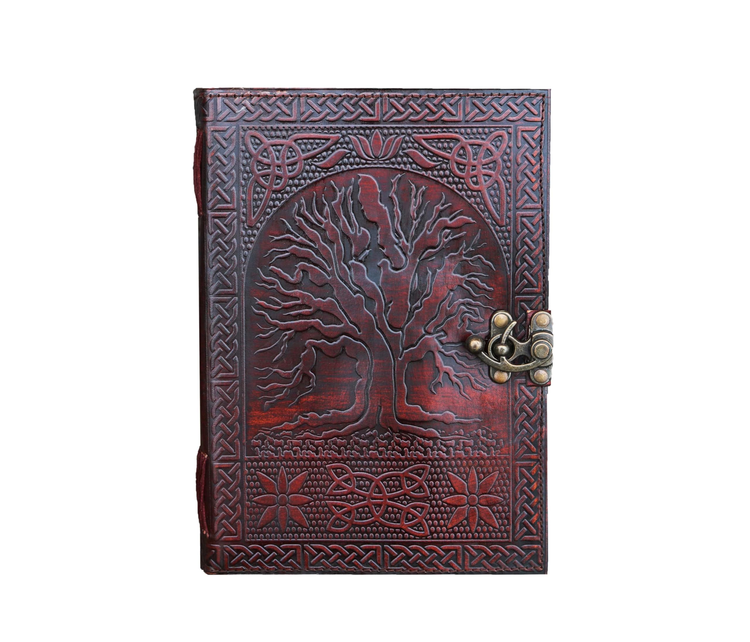 A5 Leather Journal with clasp Tree of life emboss Writing Pad Blank Notebook Handmade Notepad For Men & Women Unlined Paper Best Present Sketchbook Travel Diary To Write Book Of Shadows Refillable
