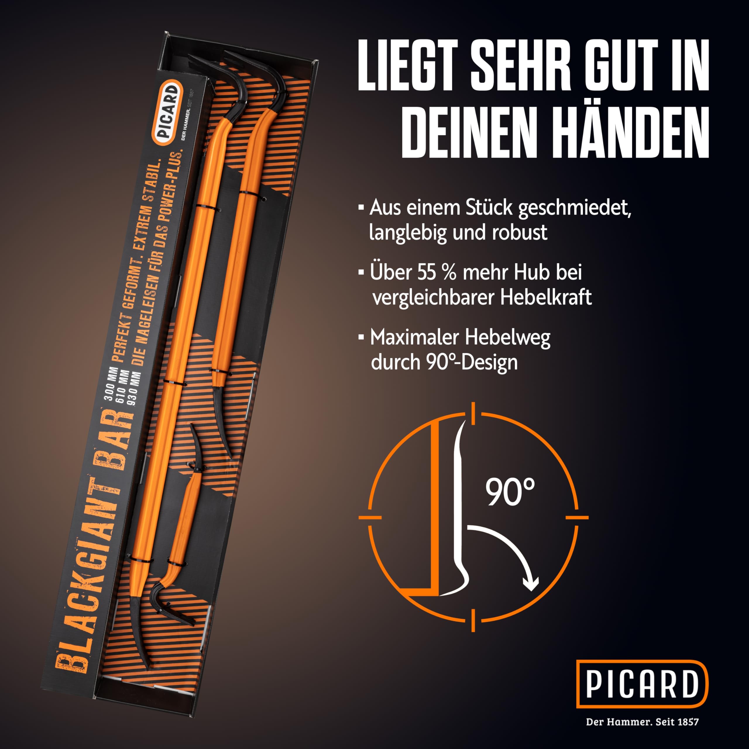 PICARD Nageleisen BlackGiant® Bar Nr. 46Z | Robust & Langlebig | 90° Maximaler Hebel | Rutschfest | 3er-Set (300/610/930 mm) | Ideal für Bauprofis & Handwerker 4