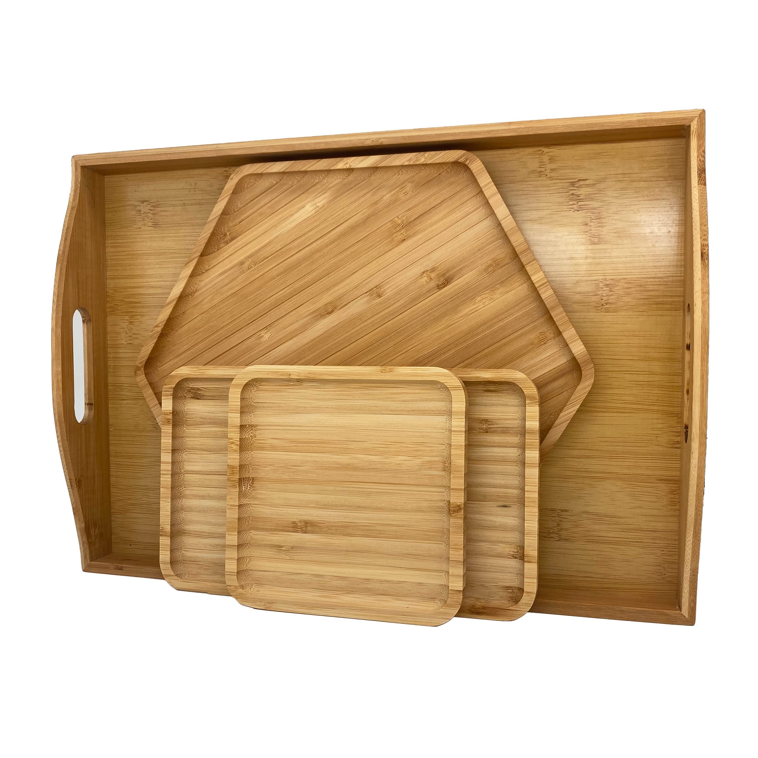 Photo 1 of PAFREWOG Bamboo Serving Trays 16.5"x11.8"?42x30cm with Handle, Set Includes 1xHexagon 12.5"(32cm)+1xRectangle 9.8"(25cm)*5.9"(15cm)+1xSquare 5.9"(15cm) Dinner Plates Cheese Cutting Board