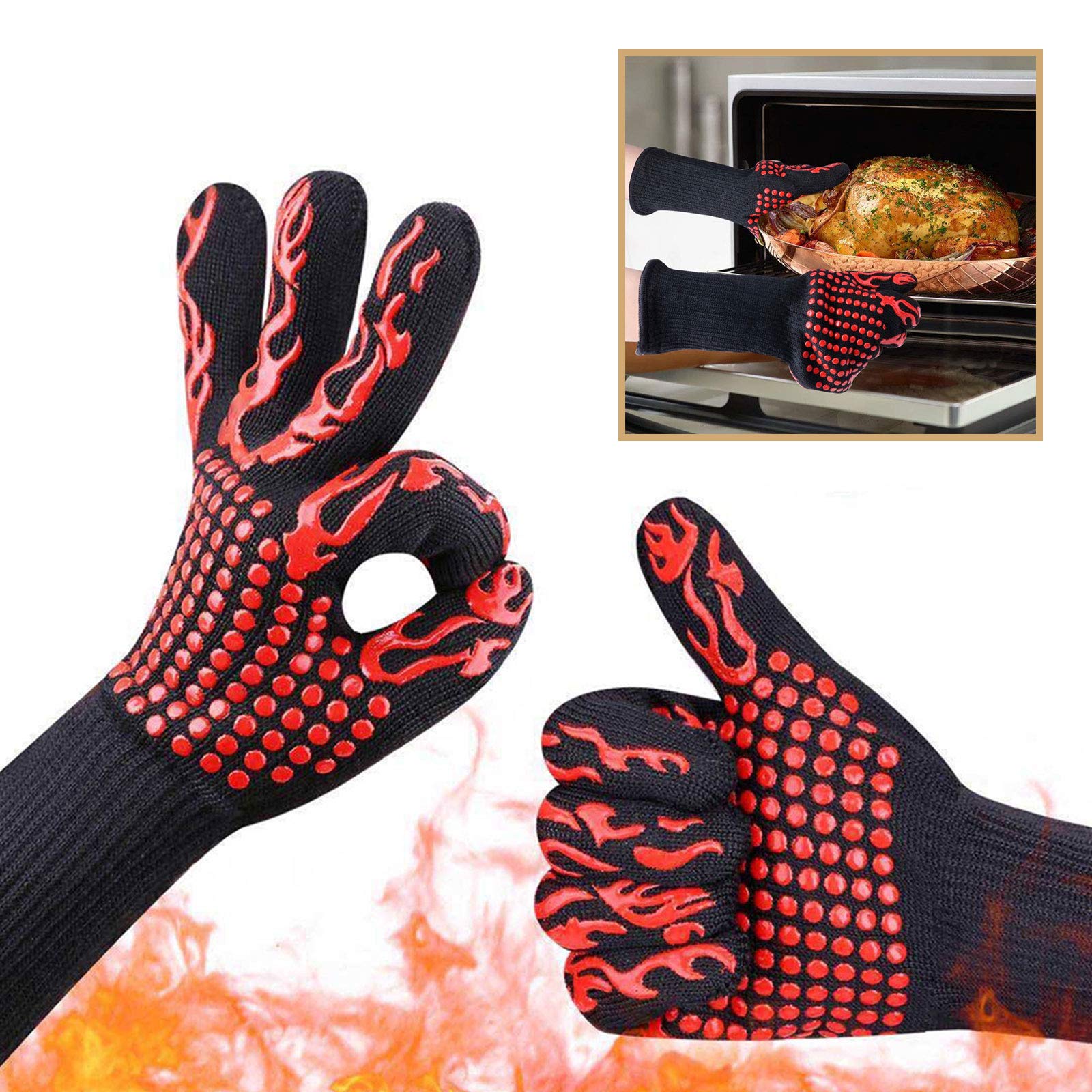 Barbecue gloves, grill gloves, heat-resistant oven gloves, heat-resistant up to 800℃/1472℉, can be used for grilling, grilling, cooking, baking (red)