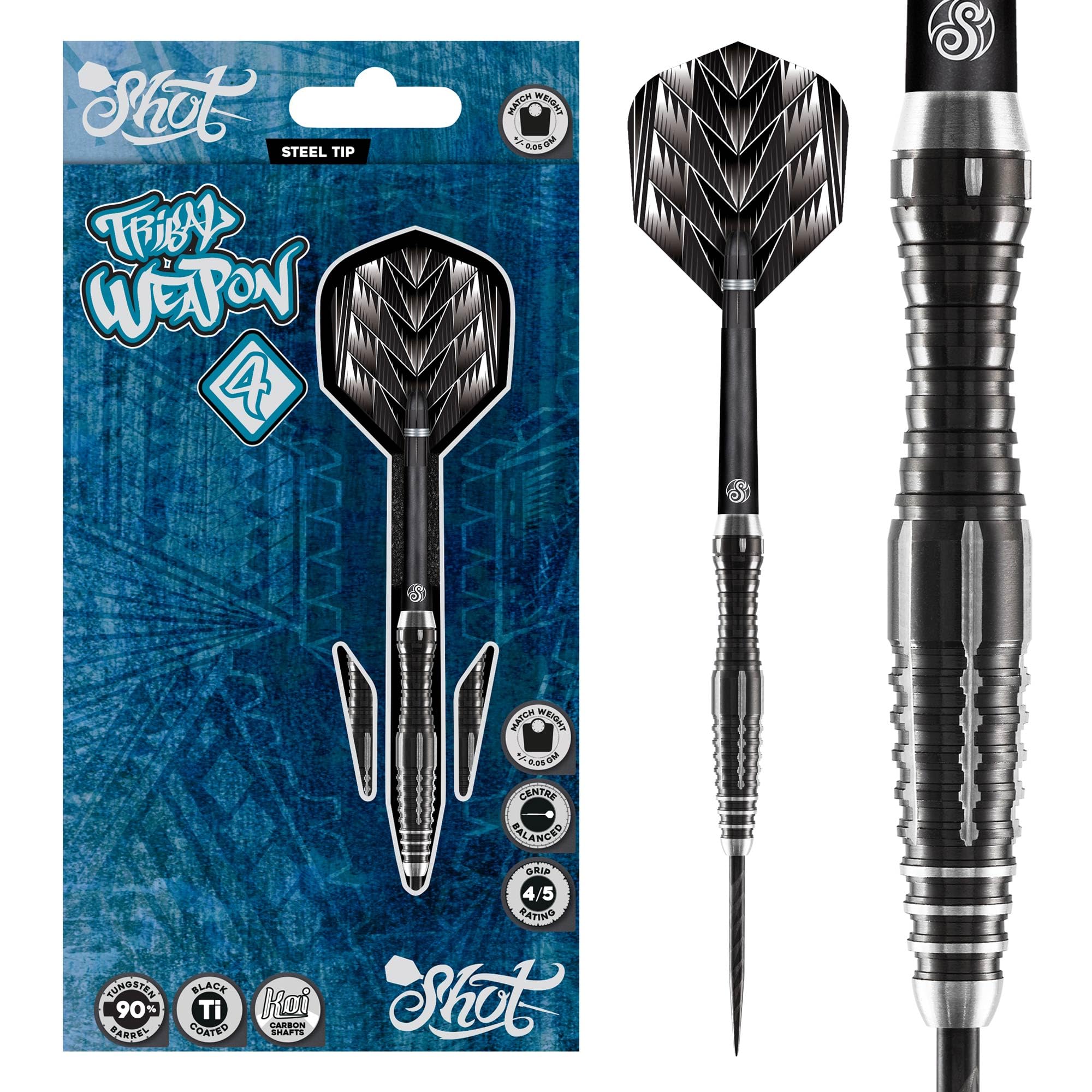 Shot! Darts Tribal Weapon Series 4 Steel Tip Dart Set-Centre Weighted 90% Tungsten Barrels 26 gram