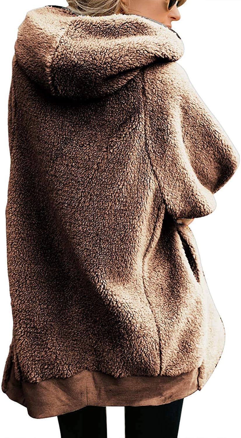 Yanekop Women Oversized Sherpa Hoodie Fuzzy Fleece Jacket Zip Up Outerwear Coat with Pockets at  Women's Coats Shop