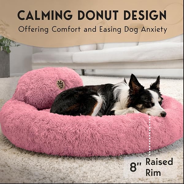 PETJETT LARGE DOG BED – 36” CALMING DONUT DOG BEDS, ANTI-SLIP & WASHABLE LARGE ROUND BED, FLUFFY FAUX FUR PET BED, SUPER SOFT ANTI-ANXIETY PREMIUM COMFORT BED, FITS DOGS UP TO 80 LBS – PINK