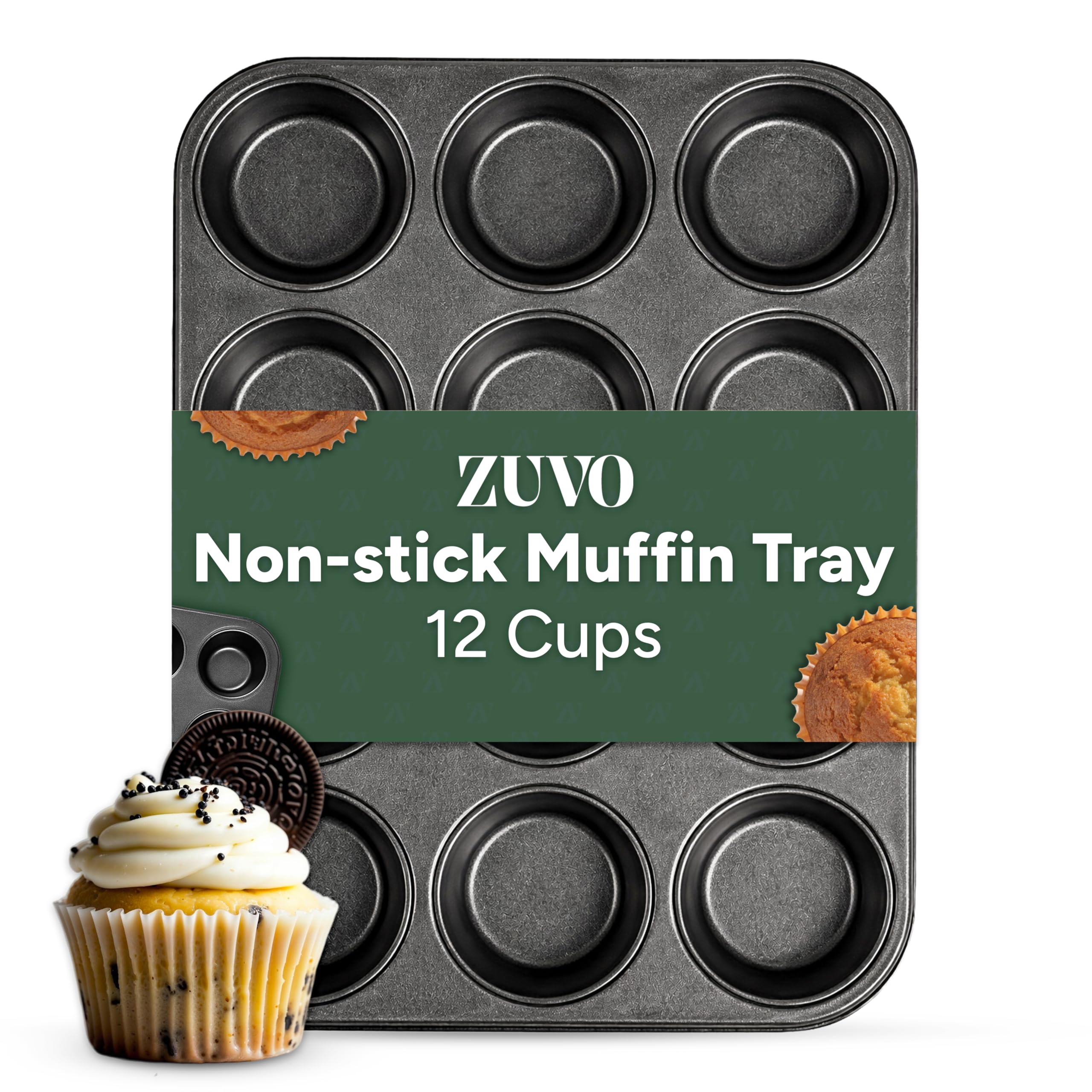 Zuvo Nonstick 12 Cup Muffin Tray - BPA Free & Dishwasher Safe Cupcake Pan Muffin Tray with Stain-Resistant, Baking Mould for Muffins or Cupcakes, Bakeware - (Black)