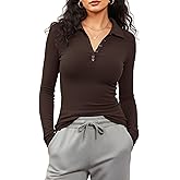 Prettywear V Neck Long Sleeve Shirts for Women Trendy Casual Fitted Collared Basic Cute Polo Tops Button T-Shirt 2025 Fall