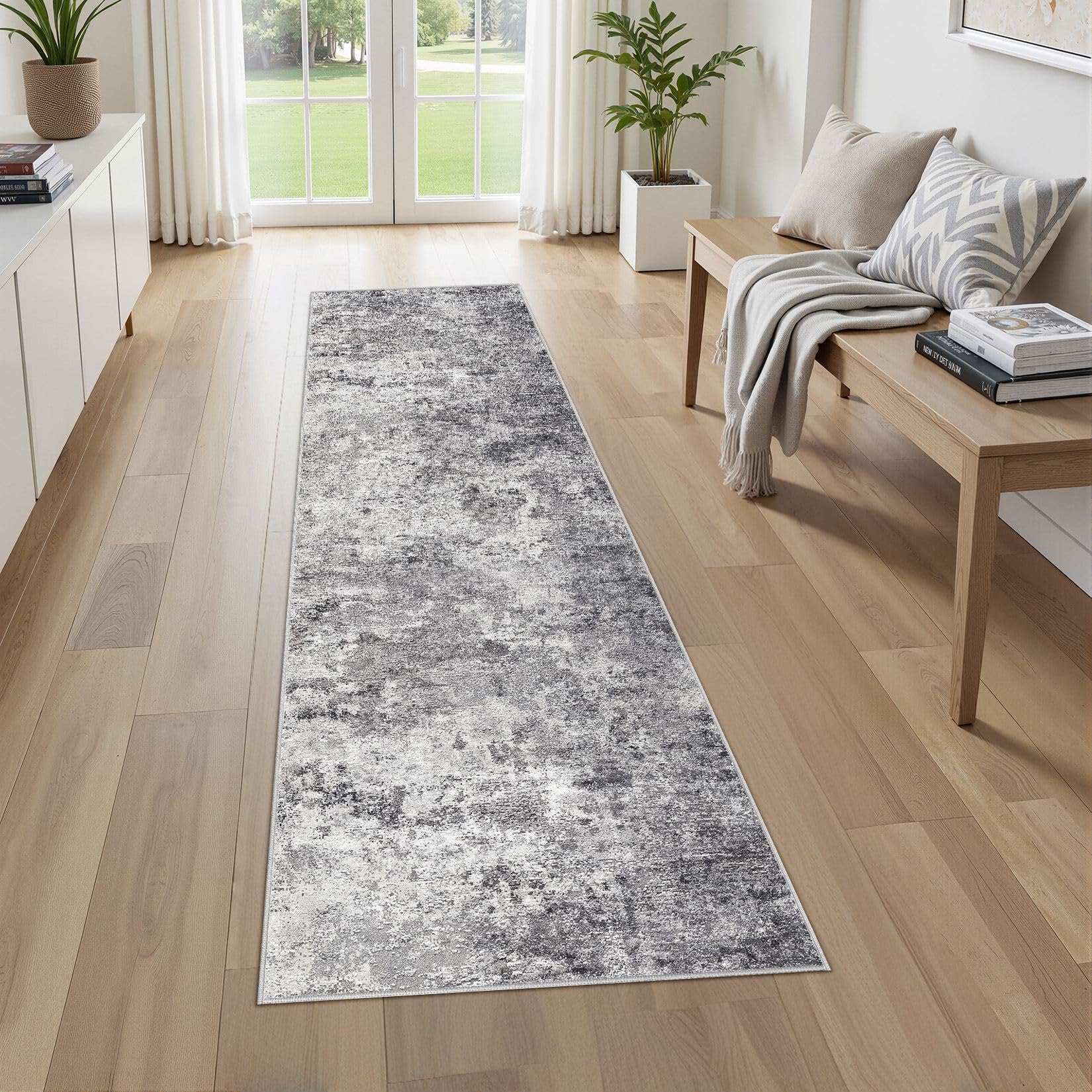 UERMEI 2X8 Washable Runner Rug for Hallway: Soft Neutral Modern Abstract Area Rug - Non-Slip Low Pile Long Throw Indoor Carpet for Kitchen Entryway Kitchen Bedroom Laundry - Grey Image