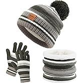 Kids Winter Hat Gloves Scarf Set: Girls Boys Beanie Hats Gloves Knit Set with Thick Warm Fleece Lined For Ages 6-10 Children