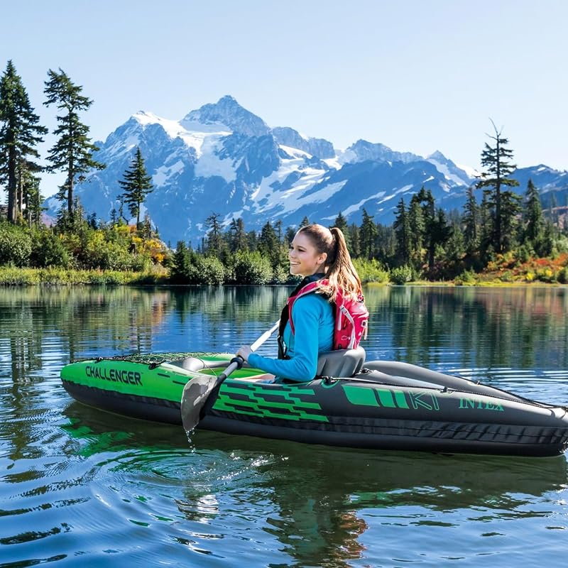 Challenger K1 Kayak 1 Man Inflatable Canoe with Aluminum Oars and Hand Pump, Green/Blue