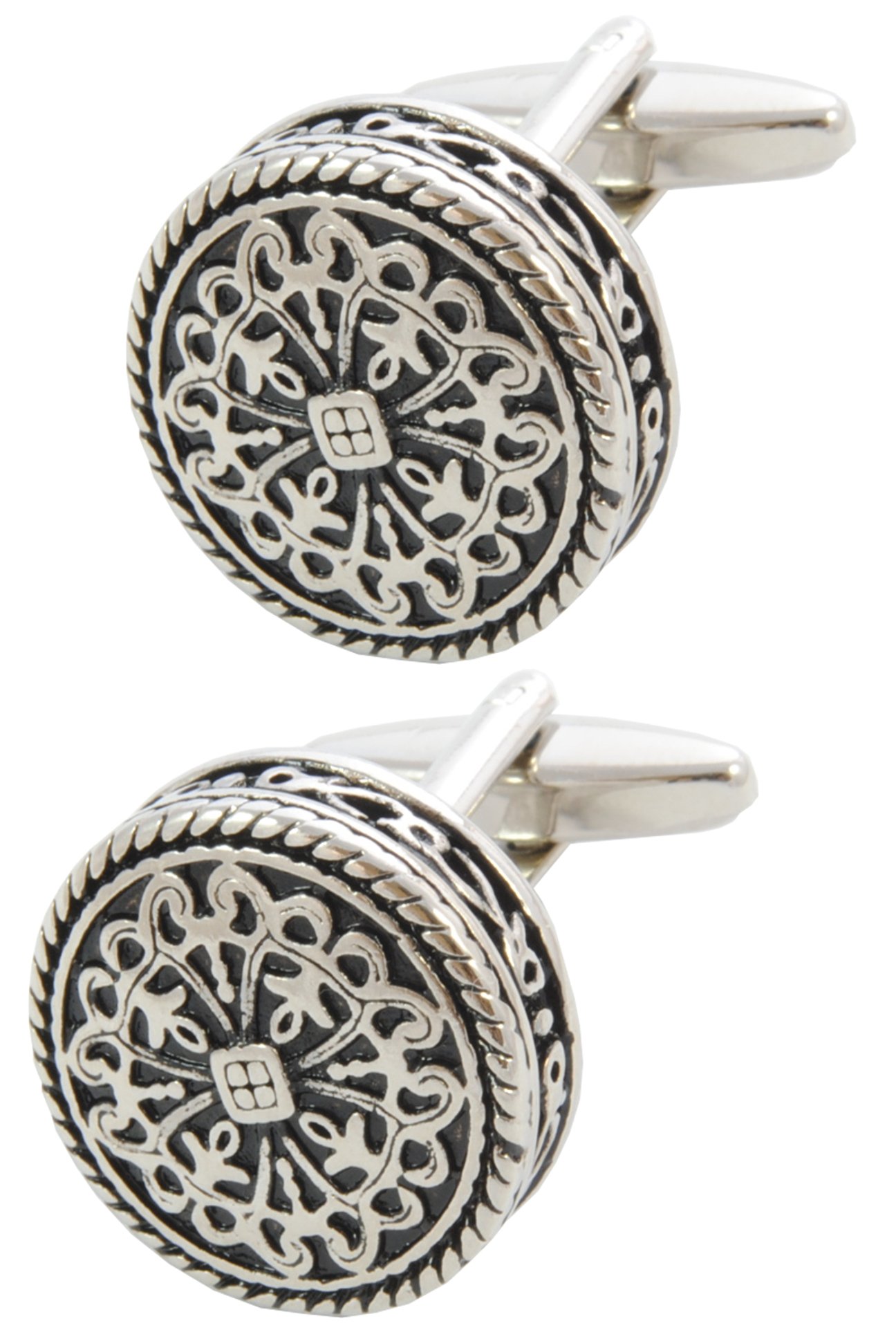 Cufflinks for Men + Presentation Box - Silver Colour - Antique-Style Celtic Design - Brass Metal - Round Cross Design - 20mm Diameter - Silver and Black Colours - One Pair