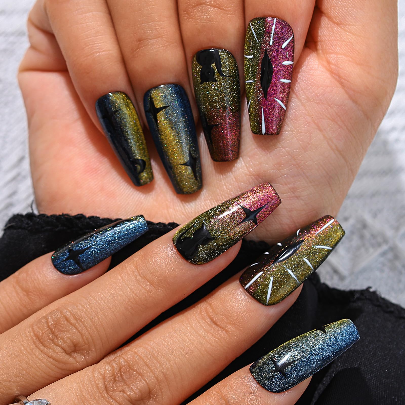 Sethexy Halloween Long Coffin False Nails Handmade Cat Eye Glossy Press On Nails Devil Eye Moon Acrylic Fake Nails Salon Quality Nail Removable for Women and Girls(Y)