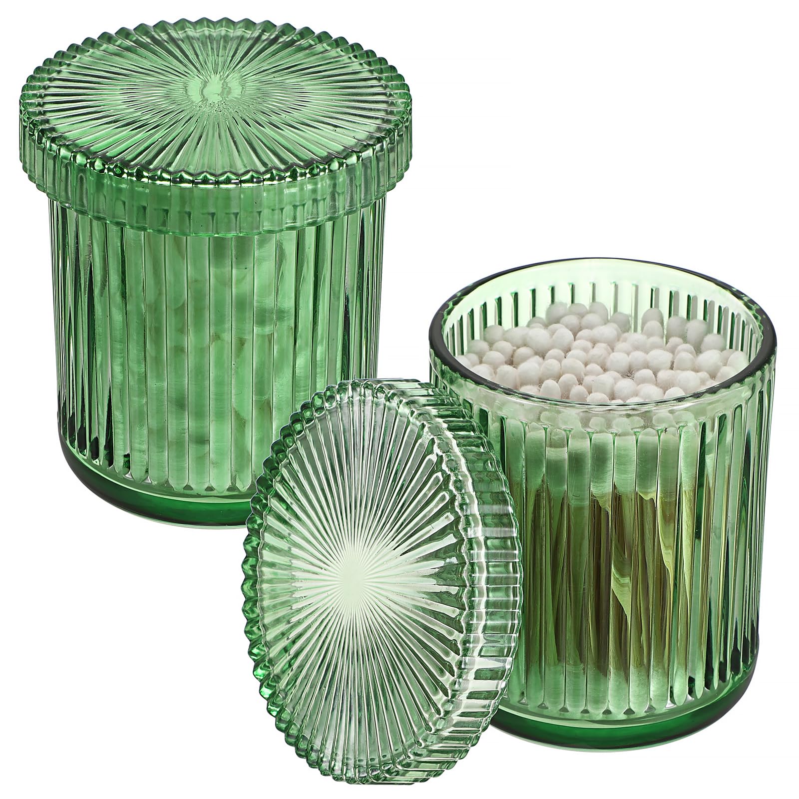Photo 1 of 2 Pack Glass Qtip Holder with Lid, Qtip Dispenser Bathroom Storage Jars- Glass Apothecary Jars for Cotton Ball, Swab, Pads, Floss Picks, Bathroom Accessories Organization and Vanity Organizer(Green)