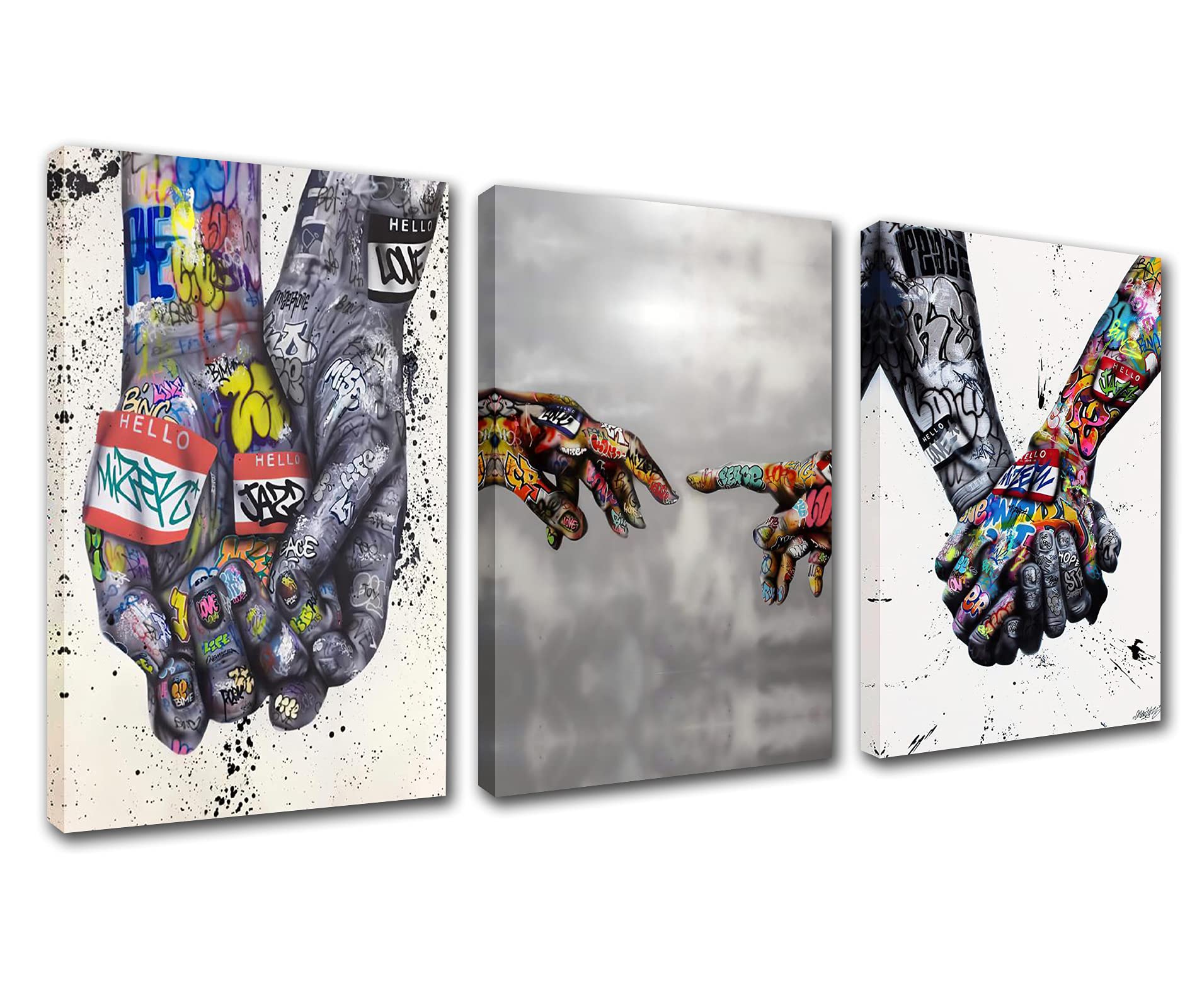 Banksy Street Art Decor Classic Graffiti Pictures Holding Hands Pop Paintings Aamd Hand of God Artwork 3 Panels Canvas Wall Art Man Cave Home Modern Decor Framed Ready to Hang(42''W x 20''H)